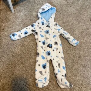 Little beginnings Fleece Bunting Suit 6/9 months white blue elephants